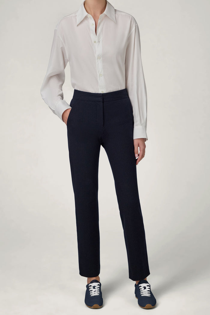 The Universal Pants in Navy Pinstripes